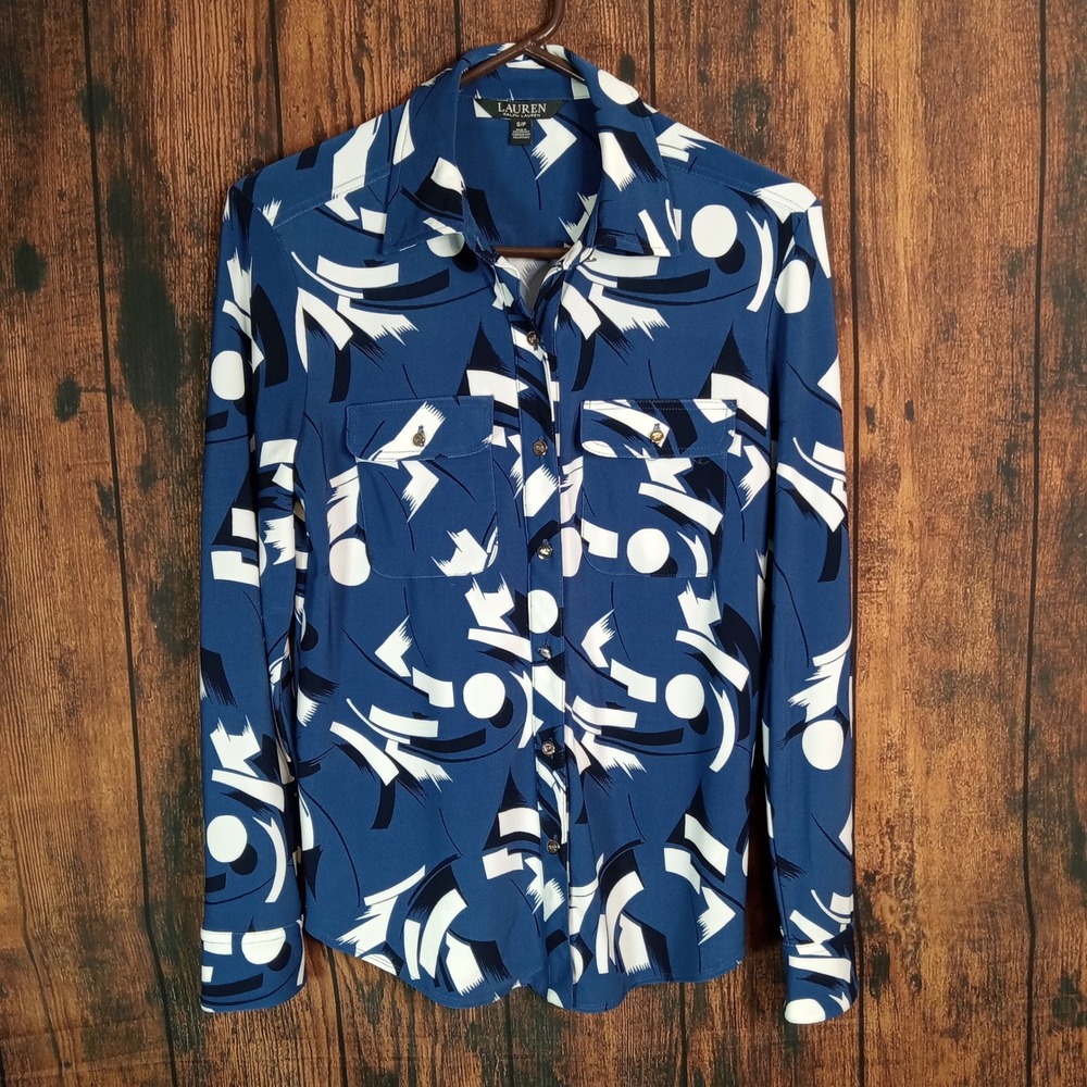 Lauren Ralph Lauren Womens Small Blue Geometric Abstract Button Down Shirt LRL